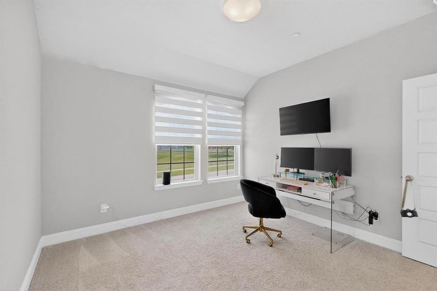 This room features light-colored walls, carpeted flooring, and two windows with horizontal blinds