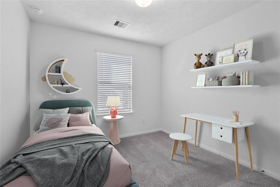 Secondary bedroom features plush carpet, neutral paint, lighting, large window with privacy blinds and ample sized closet space.