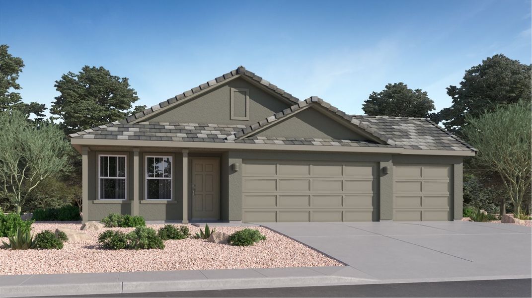 Front exterior of a new home in Mountain View at Rocking K: Mountain View Dream, Vail, AZ, highlighting curb appeal (Image 1). Front exterior of a new home in Mountain View at Rocking K: Mountain View Dream, Vail, AZ, highlighting curb appeal (Image 1).