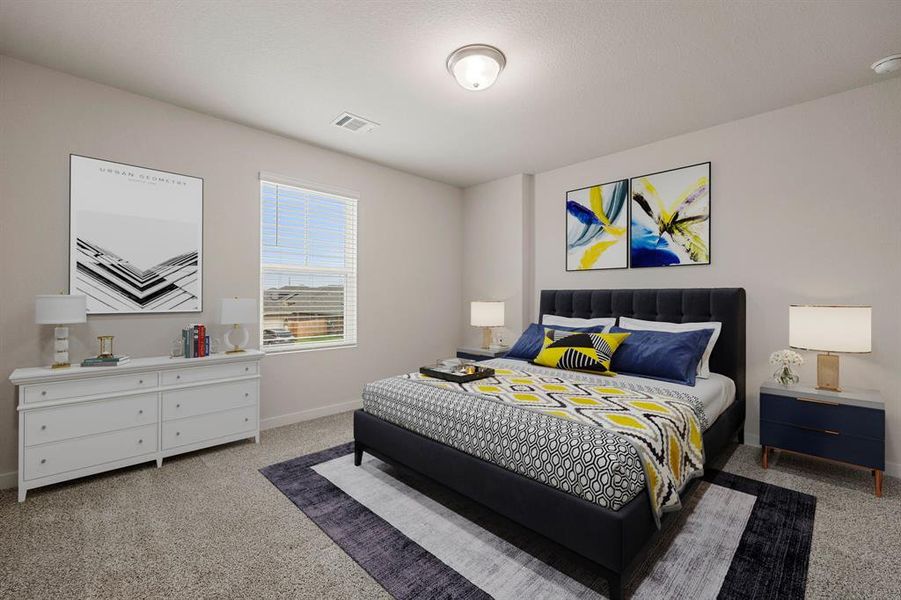 Secondary bedroom features plush carpet, neutral paint, lighting and a large window with privacy blinds.