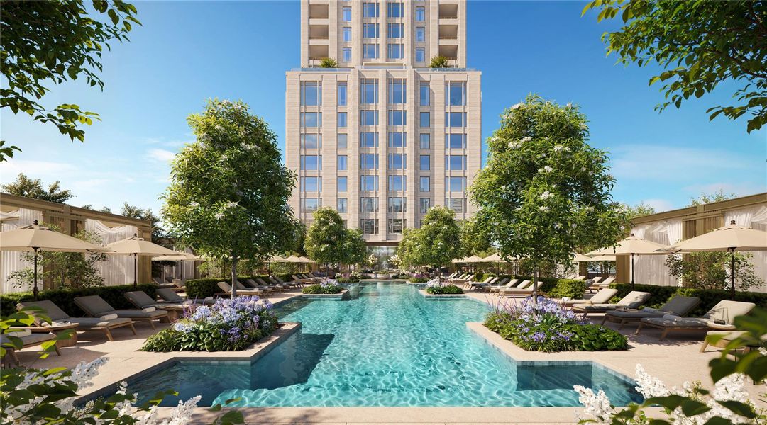 On the 9th floor, the Ritz-Carlton hotel pool is framed by private cabanas and a tranquil fountain courtyard, along with a lush greenhouse lounge area and an adjacent restaurant offering refined food and beverage service.