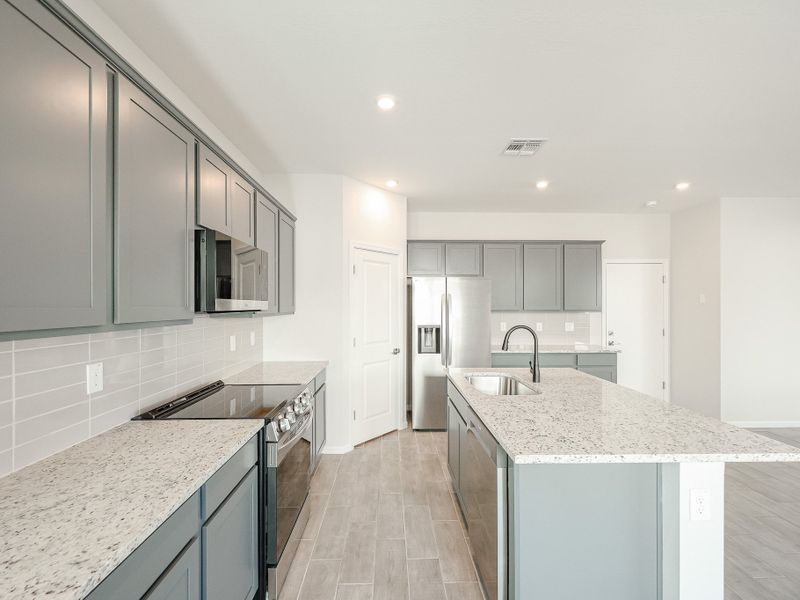 A kitchen with black cabinets. A kitchen with black cabinets.