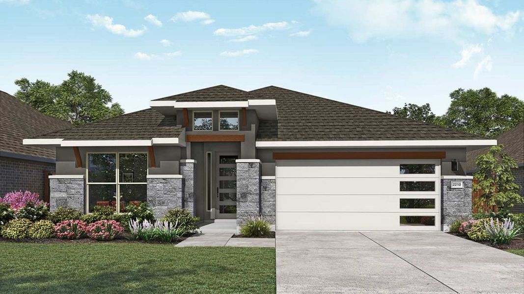 Representative exterior photo of a completed home built from the Oleander by DRB Homes in Meyer Ranch – Premier, New Braunfels, TX (Image 7). Representative exterior photo of a completed home built from the Oleander by DRB Homes in Meyer Ranch – Premier, New Braunfels, TX (Image 7).