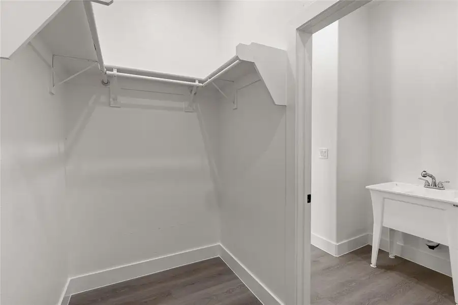 Spacious closet featuring dark wood-style floors and a sink