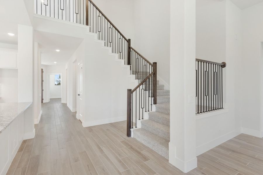 Carpeted staircase with dark wood and iron balusters in an open foyer with light wood-look floors and white walls