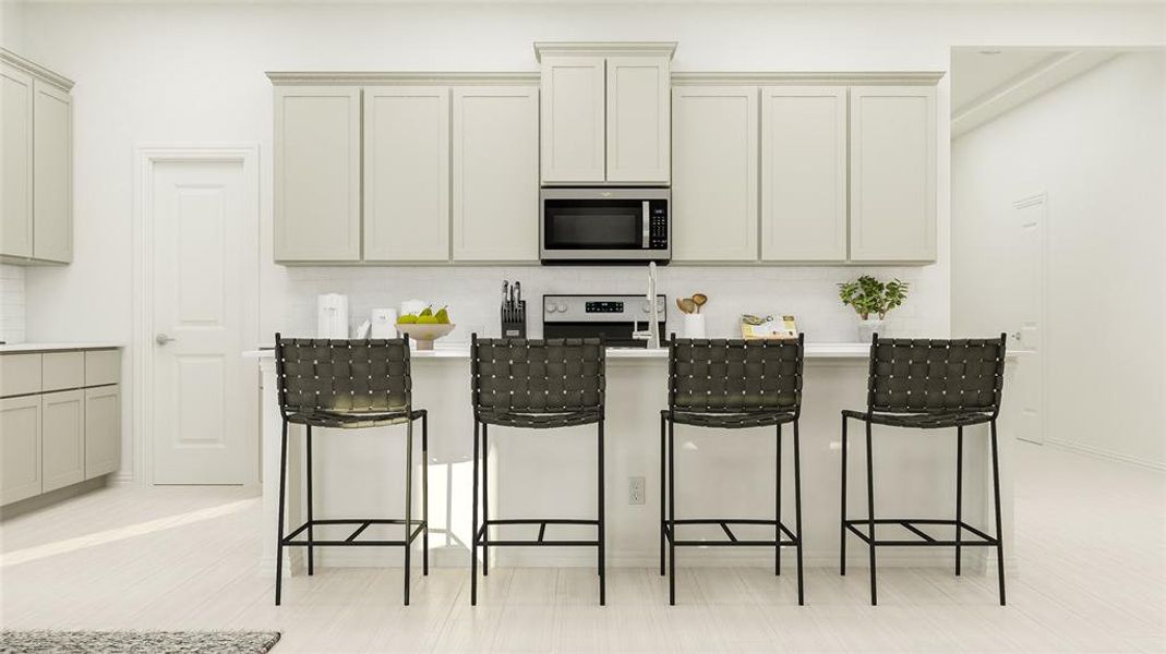 Kitchen featuring a breakfast bar, range, backsplash, and light tile patterned floors