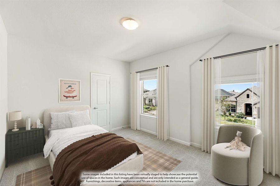 Children's bedroom with carpet flooring, two windows with curtains, and a single bed with nightstand