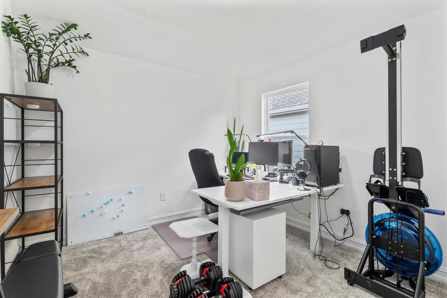 Bright room with a single window, featuring plush gray carpeting, white painted walls, and a recessed ceiling light