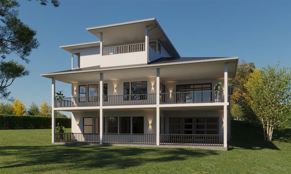 Back of house with a balcony, stucco siding, a metal roof, and a lawn