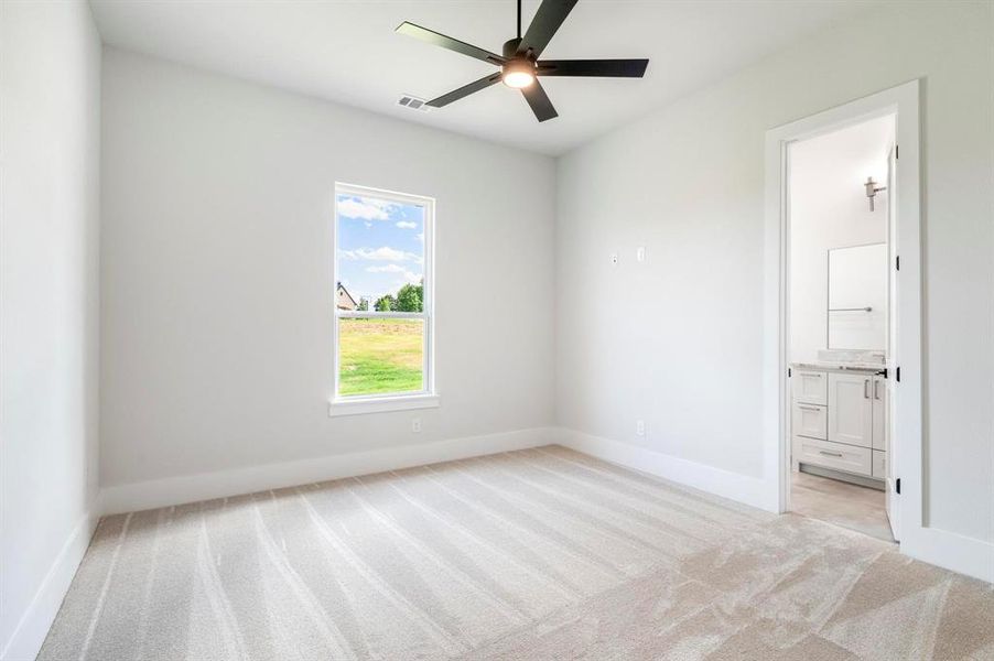 Carpeted spare room with ceiling fan