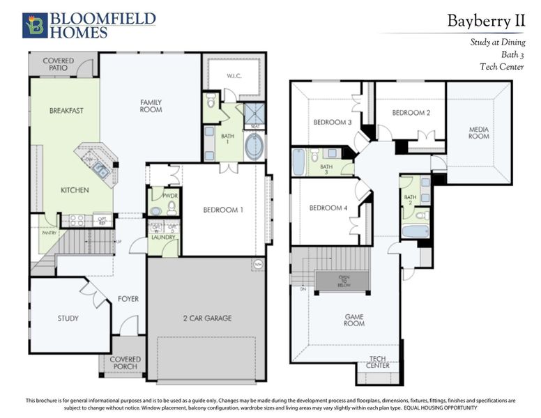 Bloomfield Homes Bayberry II two-story floor plan with four bedrooms, game room, study, and two-car garage. Bloomfield Homes Bayberry II two-story floor plan with four bedrooms, game room, study, and two-car garage.
