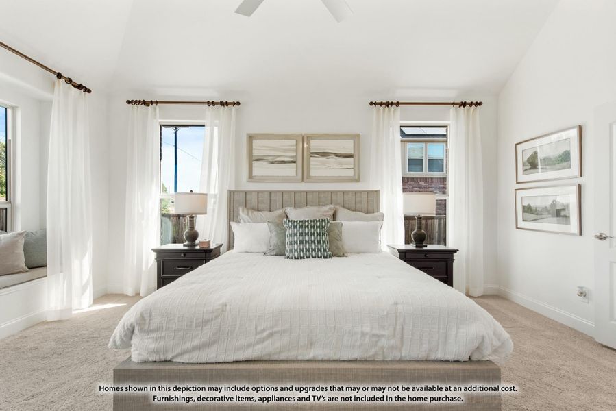 Bright master bedroom with vaulted ceiling, king bed, carpet flooring, and three windows with white curtains Bright master bedroom with vaulted ceiling, king bed, carpet flooring, and three windows with white curtains