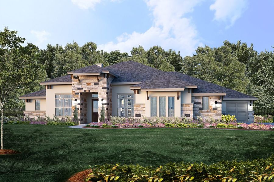 Representative exterior photo of a completed home built from the San Clemente by Giddens Homes in Clearwater Ranch, Liberty Hill, TX (Image 1). Representative exterior photo of a completed home built from the San Clemente by Giddens Homes in Clearwater Ranch, Liberty Hill, TX (Image 1).