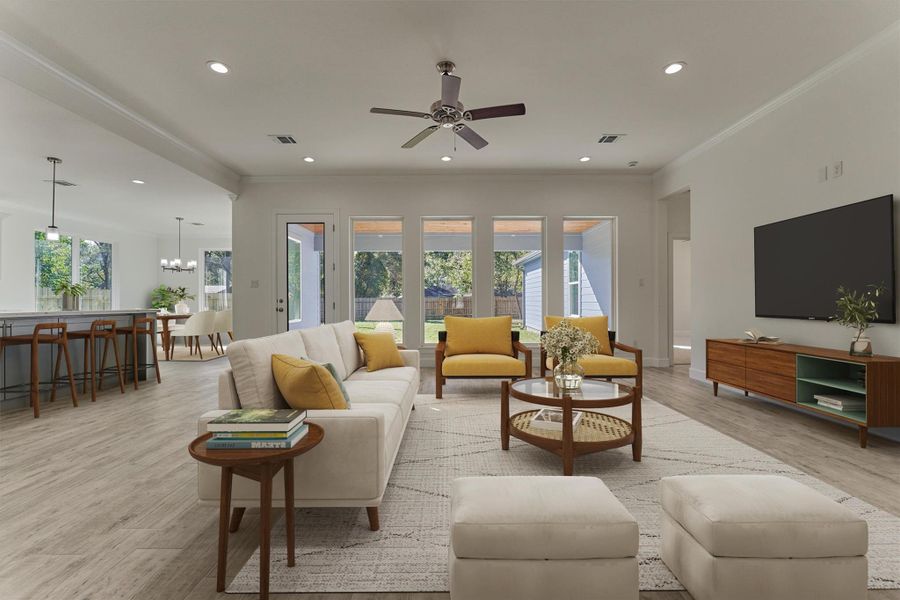 This tremendous open floor plan is bathed in natural lighting with expansive windows bringing the outside in and seamlessly blending the living areas. *This photo is virtually staged* This tremendous open floor plan is bathed in natural lighting with expansive windows bringing the outside in and seamlessly blending the living areas. *This photo is virtually staged*