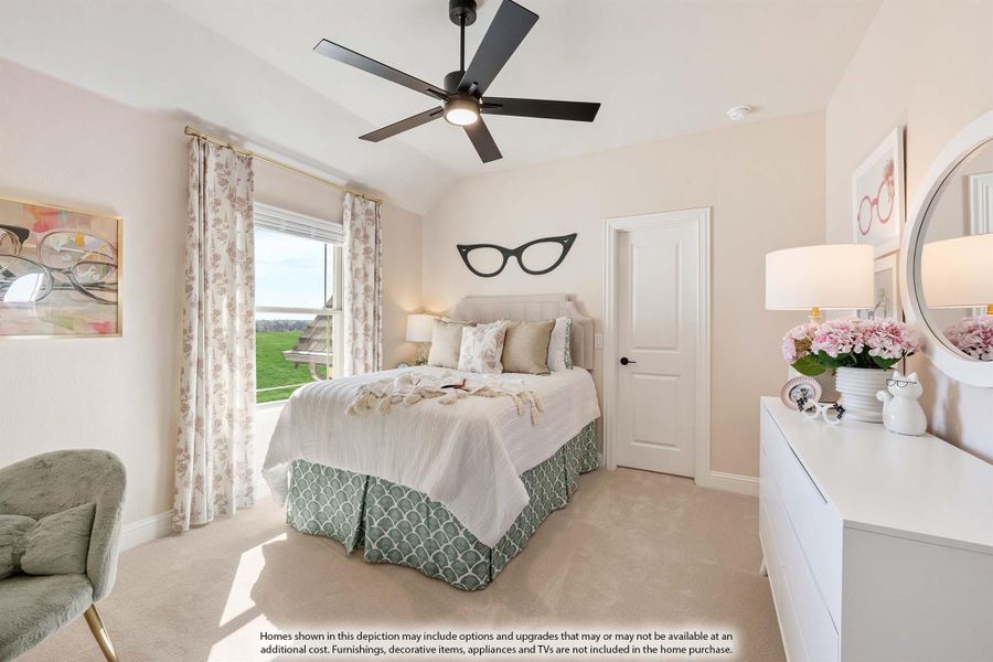 Bedroom with vaulted ceiling, ceiling fan, carpet flooring, and window with floral curtains
