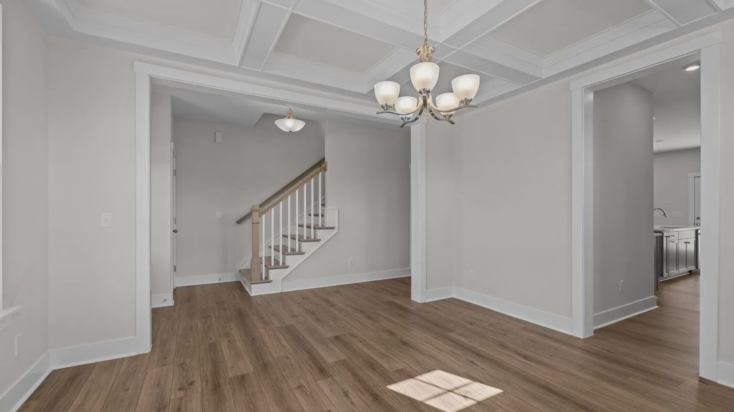 Burton design sun-lit dining room with raised tray ceiling and premium finishes. Lakeside Glen by DRB Homes, York, SC. Burton design sun-lit dining room with raised tray ceiling and premium finishes. Lakeside Glen by DRB Homes, York, SC.