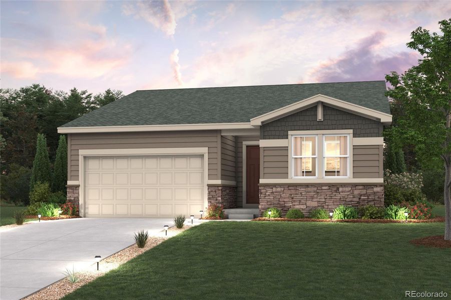 Front exterior of a new home in Sweetgrass, Dacono, CO, highlighting curb appeal (Image 1).