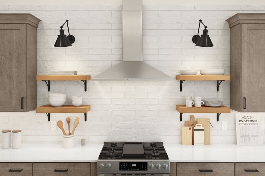 Kitchen with subway tile backsplash and pendant lighting