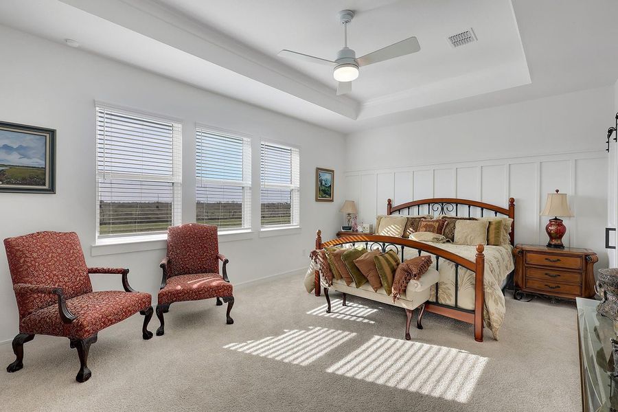 This primary bedroom features large windows that provide plenty of natural light, a tray ceiling with a ceiling Neutral tones and plush carpeting.