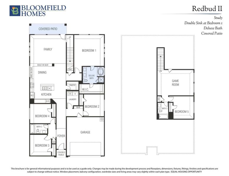 Bloomfield Homes Redbud II floor plan showing five bedrooms, kitchen, family room, game room, and two-car garage across two floors.