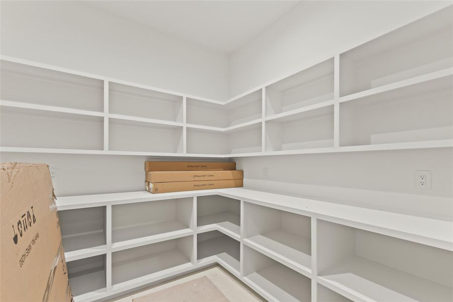 Walk-in pantry featuring extensive white built-in shelving, providing abundant storage