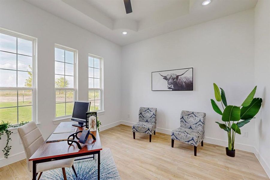 Office space with light hardwood / wood-style flooring and a tray ceiling