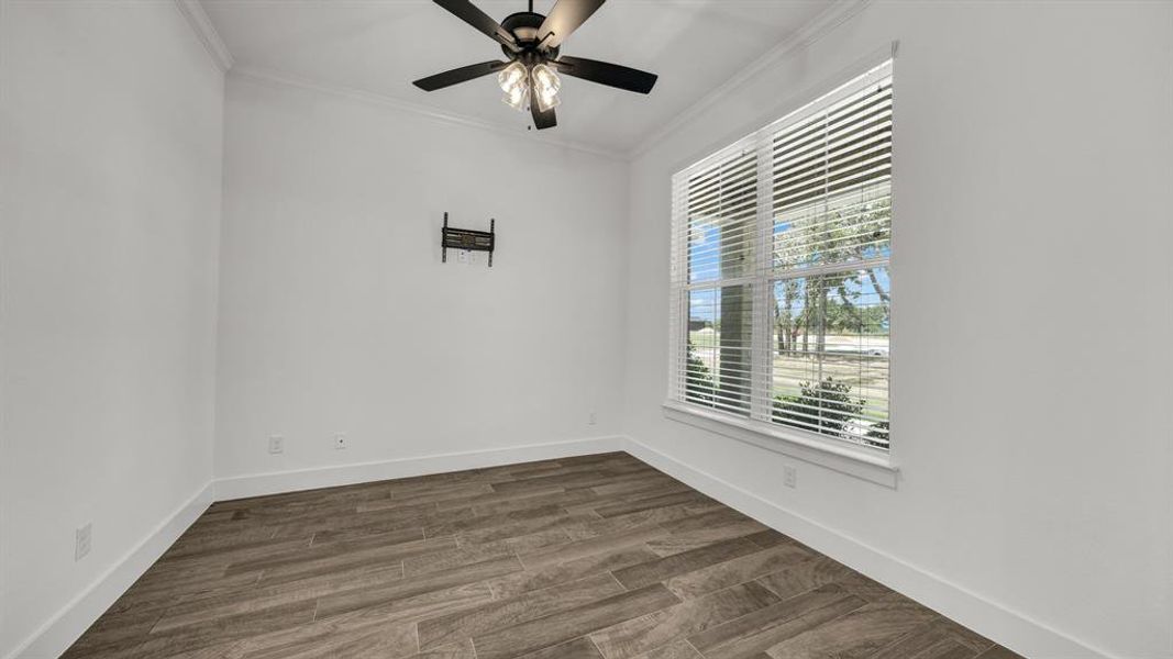 Unfurnished room featuring ceiling fan, crown molding, and wood-type flooring