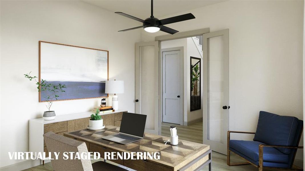 Your new home office is the perfect place for work or play!  VIRTUALLY STAGED RENDERING