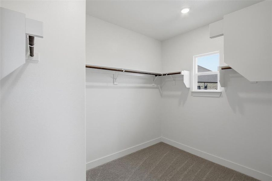 Walk in closet with dark colored carpet