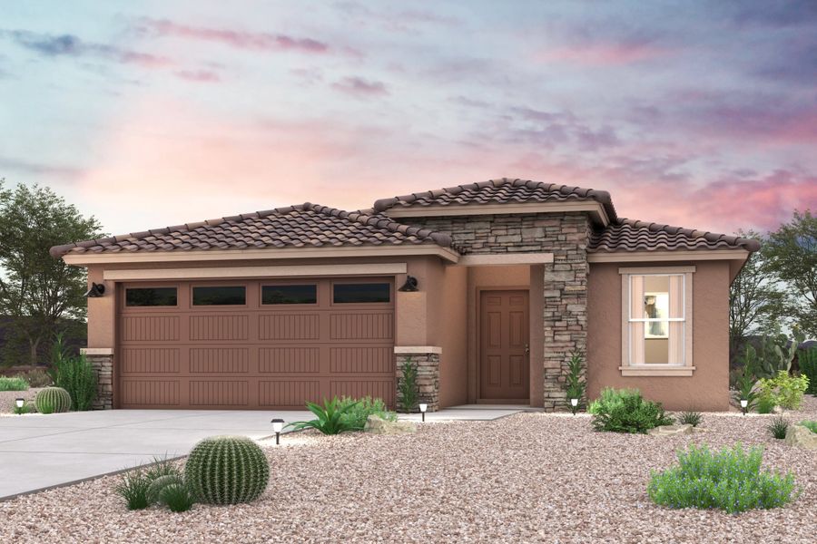 Front exterior of a new home in North Fork at Laughlin Ranch, Bullhead City, AZ, highlighting curb appeal (Image 1). Front exterior of a new home in North Fork at Laughlin Ranch, Bullhead City, AZ, highlighting curb appeal (Image 1).
