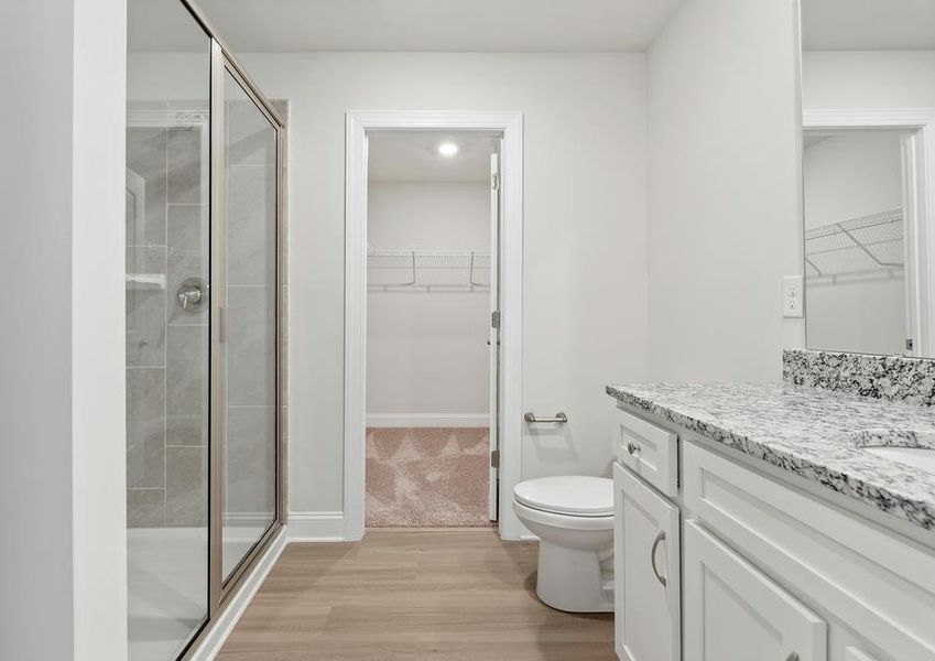 Master bath with vanity and a shower.