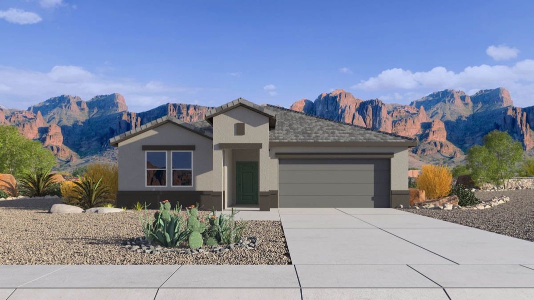 Front exterior of a new home in Anthem at Merrill Ranch, Florence, AZ, highlighting curb appeal (Image 1). Front exterior of a new home in Anthem at Merrill Ranch, Florence, AZ, highlighting curb appeal (Image 1).