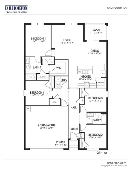 2D floor plan layout for the Cali by D.R. Horton in Venetian Grove, Vero Beach, FL (Image 3).