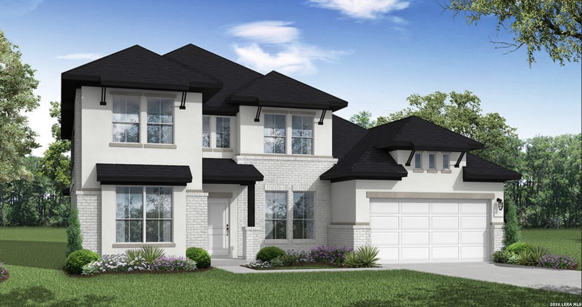 Front exterior of a new home in Buffalo Crossing, Cibolo, TX, highlighting curb appeal (Image 1). Front exterior of a new home in Buffalo Crossing, Cibolo, TX, highlighting curb appeal (Image 1).