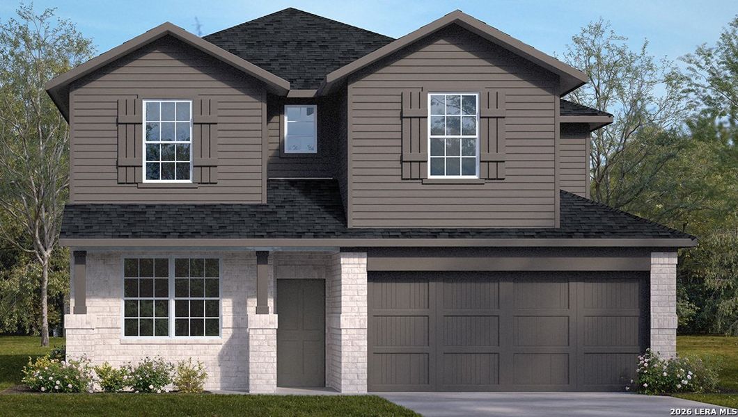 Front exterior of a new home in Brookstone Creek, San Antonio, TX, highlighting curb appeal (Image 1). Front exterior of a new home in Brookstone Creek, San Antonio, TX, highlighting curb appeal (Image 1).