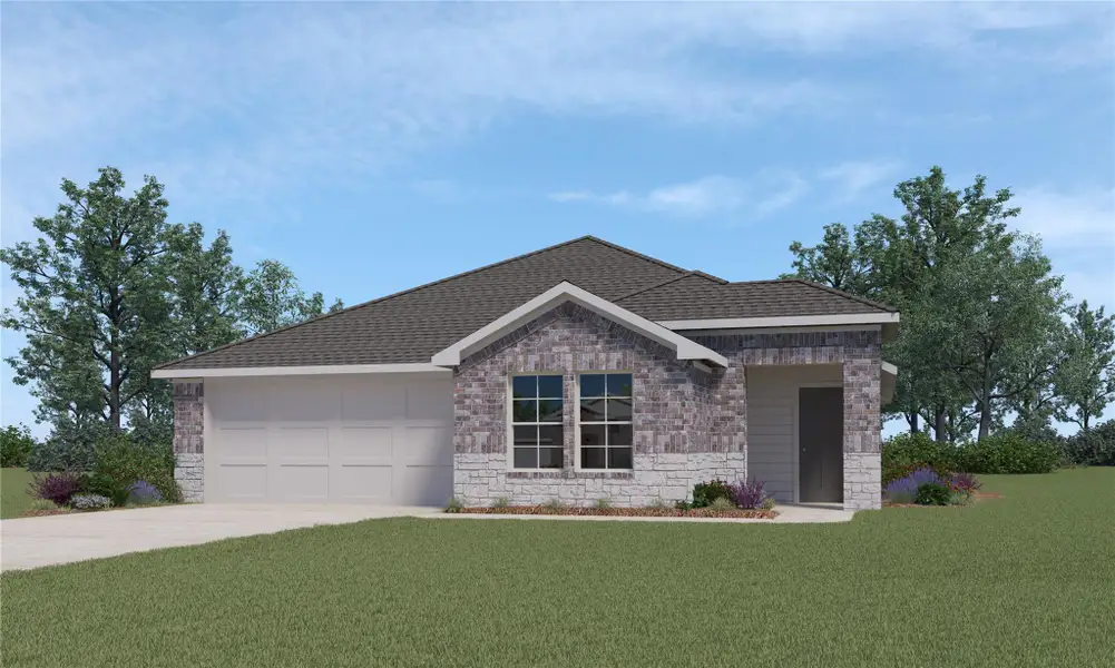 View of front of property featuring a front yard, driveway, stone siding, and a garage View of front of property featuring a front yard, driveway, stone siding, and a garage