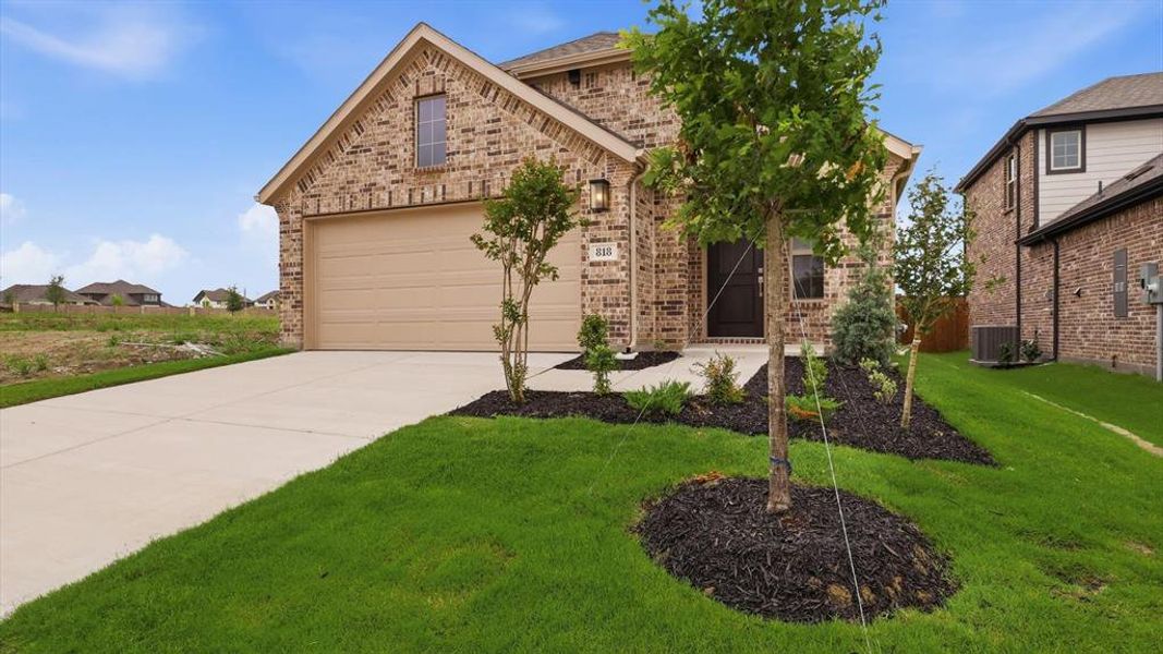 Brick exterior home featuring an attached garage, concrete driveway, and a landscaped front yard with young trees and fresh grass