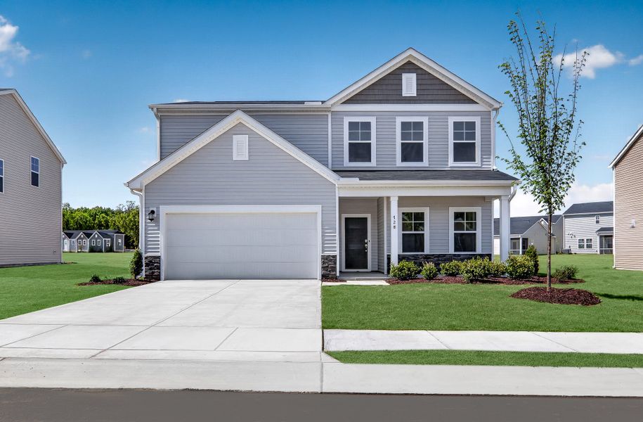 Front exterior of a new home in Myrtle Meadows, Angier, NC, highlighting curb appeal (Image 1). Front exterior of a new home in Myrtle Meadows, Angier, NC, highlighting curb appeal (Image 1).