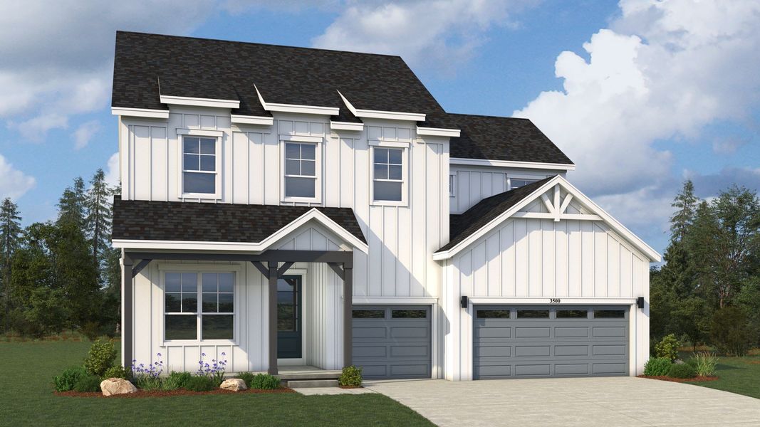 Front exterior of a new home in Montaine, Castle Rock, CO, highlighting curb appeal (Image 6). Front exterior of a new home in Montaine, Castle Rock, CO, highlighting curb appeal (Image 6).