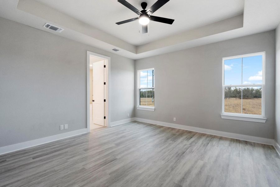 Unfurnished room with a raised ceiling, light wood-style flooring, and a ceiling fan
