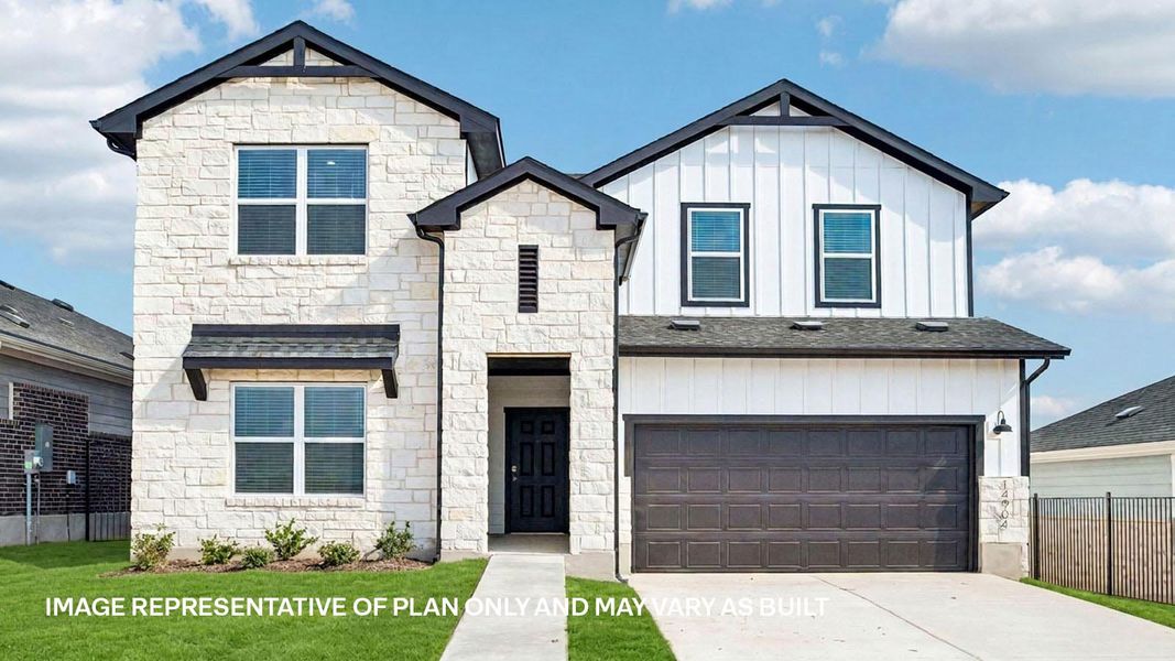 Representative exterior photo of a completed home built from the The Ozark by D.R. Horton in Revelry, Del Valle, TX (Image 1). Representative exterior photo of a completed home built from the The Ozark by D.R. Horton in Revelry, Del Valle, TX (Image 1).