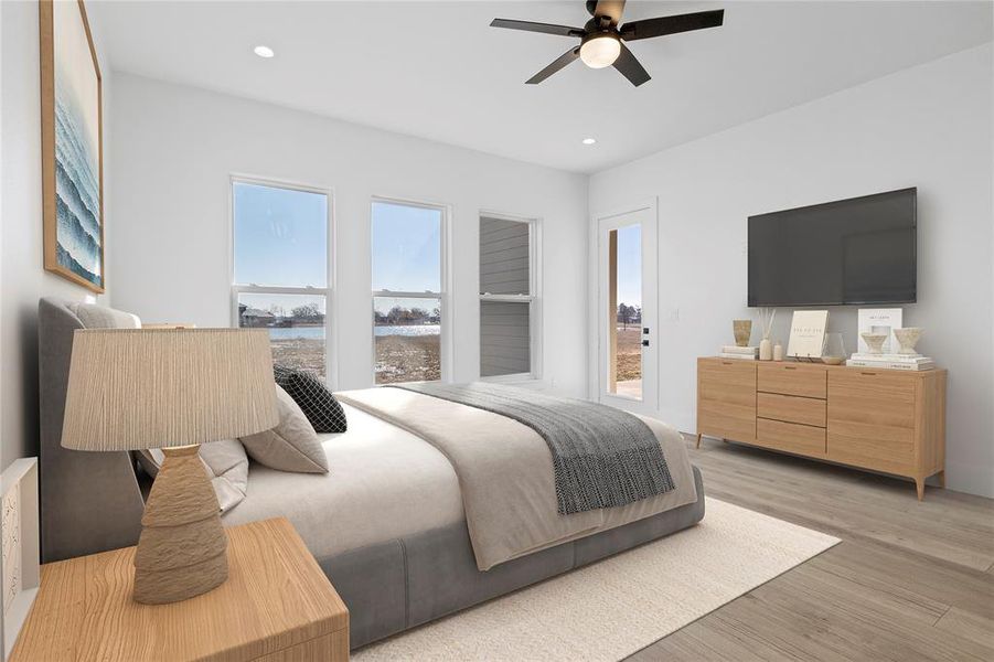 Bedroom with recessed lighting, light wood-type flooring, multiple windows, and a ceiling fan Bedroom with recessed lighting, light wood-type flooring, multiple windows, and a ceiling fan
