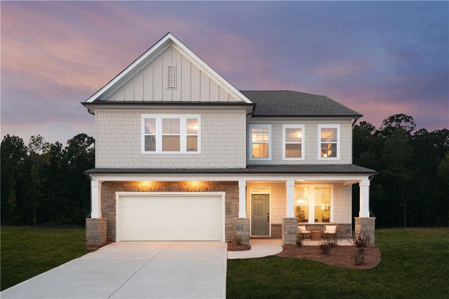 Front exterior of a new home in The Estates at Casteel, Bethlehem, GA, highlighting curb appeal (Image 2). Front exterior of a new home in The Estates at Casteel, Bethlehem, GA, highlighting curb appeal (Image 2).