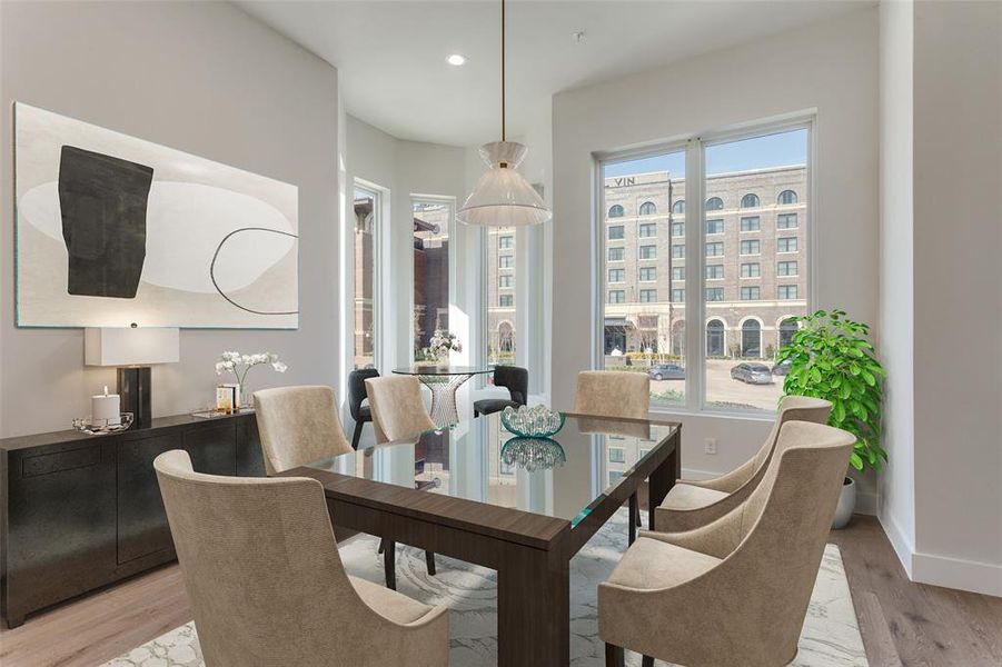 Virtually staged dining area and bay window Virtually staged dining area and bay window