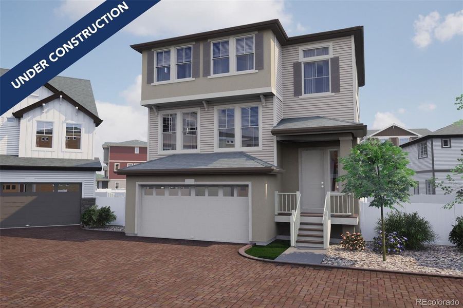 Front exterior of a new home in Erie Highlands, Erie, CO, highlighting curb appeal (Image 1). Front exterior of a new home in Erie Highlands, Erie, CO, highlighting curb appeal (Image 1).