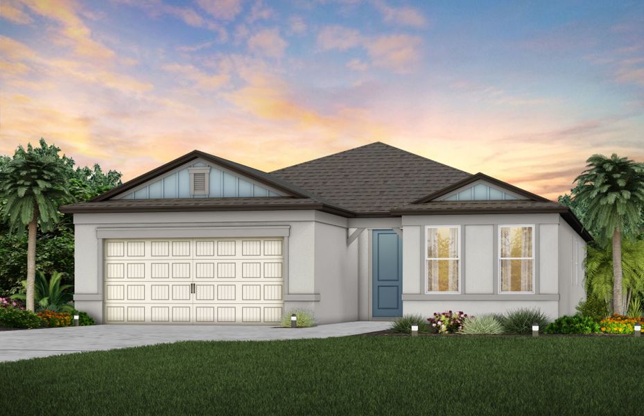Front exterior of a new home in Evergreen, Thonotosassa, FL, highlighting curb appeal (Image 1). Front exterior of a new home in Evergreen, Thonotosassa, FL, highlighting curb appeal (Image 1).
