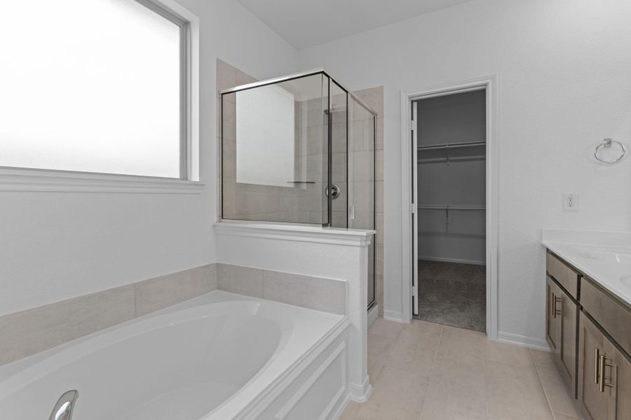 This additional view of your primary bathroom features tile flooring, fresh paint, walk-in shower, a separate garden tub, and a large walk-in closet. This additional view of your primary bathroom features tile flooring, fresh paint, walk-in shower, a separate garden tub, and a large walk-in closet.