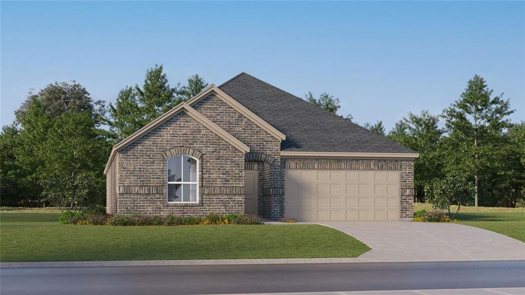 View of front of home featuring a garage and a front lawn