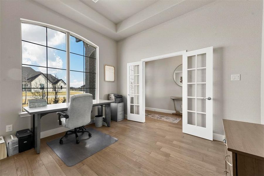 Office featuring french doors and light hardwood / wood-style floors