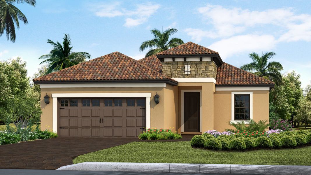 Front exterior of a new home in Boca Royale Golf and Country Club at Wellen Park, Englewood, FL, highlighting curb appeal (Image 21). Front exterior of a new home in Boca Royale Golf and Country Club at Wellen Park, Englewood, FL, highlighting curb appeal (Image 21).